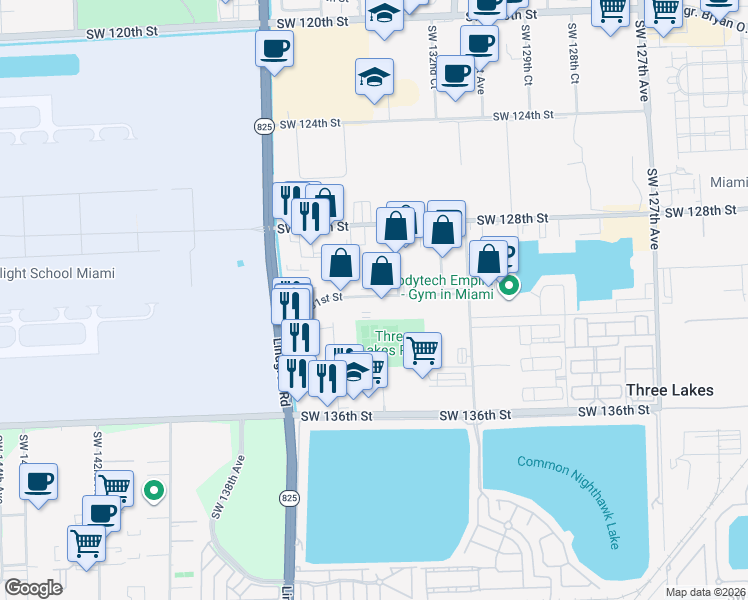 map of restaurants, bars, coffee shops, grocery stores, and more near 13380 Southwest 131st Street in Miami