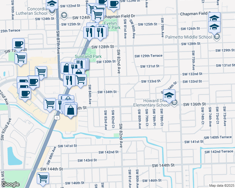 map of restaurants, bars, coffee shops, grocery stores, and more near 8200 Southwest 134th Street in Miami