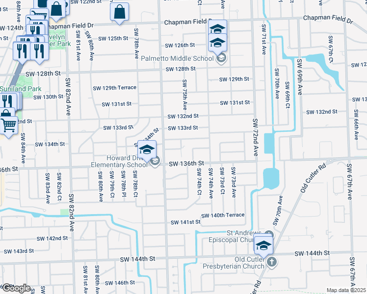 map of restaurants, bars, coffee shops, grocery stores, and more near 13455 Southwest 75th Court in Miami