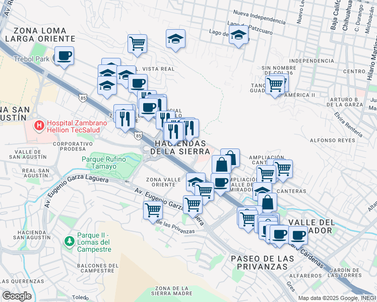 map of restaurants, bars, coffee shops, grocery stores, and more near 303 Avenida Circuito Frida Kahlo in San Pedro Garza García