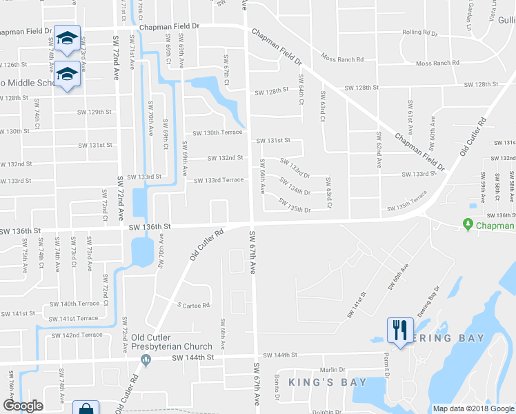 map of restaurants, bars, coffee shops, grocery stores, and more near 13520 Southwest 66th Avenue in Miami