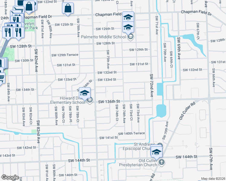 map of restaurants, bars, coffee shops, grocery stores, and more near 13455 Southwest 75th Court in Miami