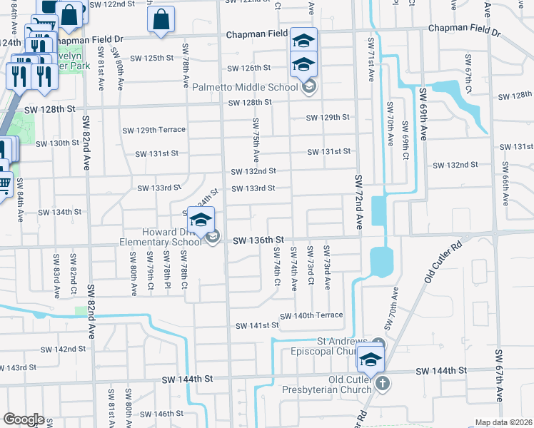 map of restaurants, bars, coffee shops, grocery stores, and more near 13455 Southwest 75th Court in Miami