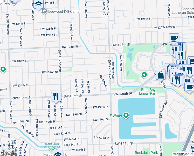 map of restaurants, bars, coffee shops, grocery stores, and more near 9782 Southwest 133rd Terrace in Miami