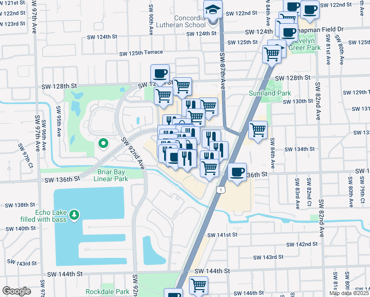 map of restaurants, bars, coffee shops, grocery stores, and more near 8888 Southwest 136th Street in Miami