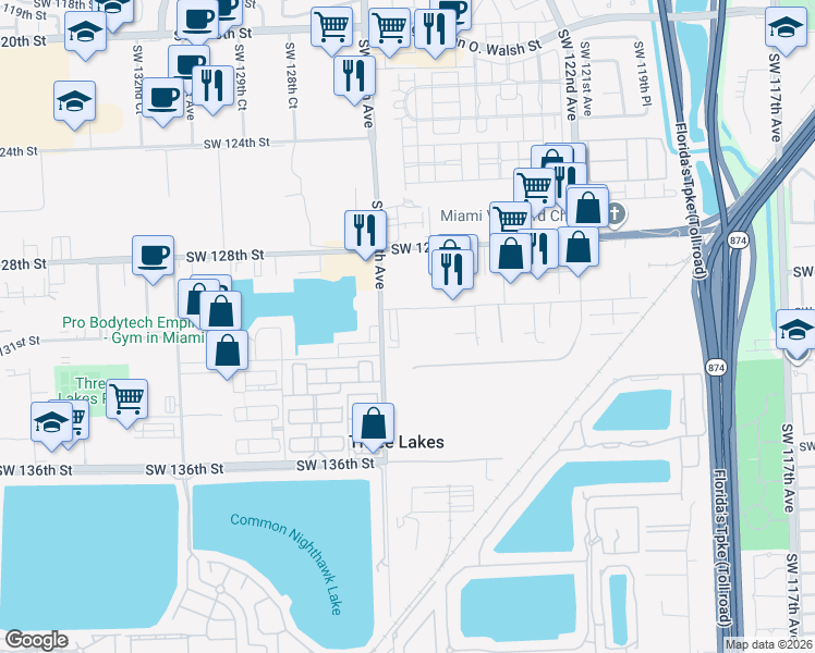 map of restaurants, bars, coffee shops, grocery stores, and more near 12700 Southwest 131st Terrace in Miami