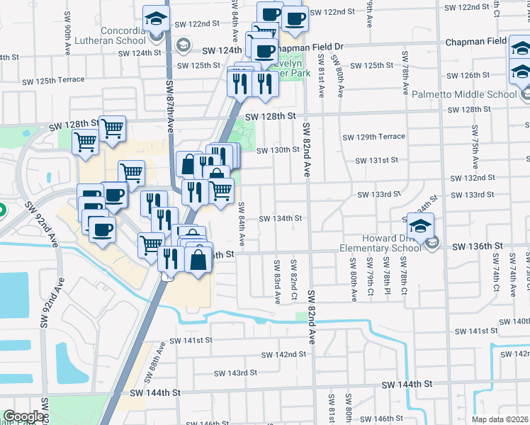 map of restaurants, bars, coffee shops, grocery stores, and more near 13401 Southwest 83rd Avenue in Miami