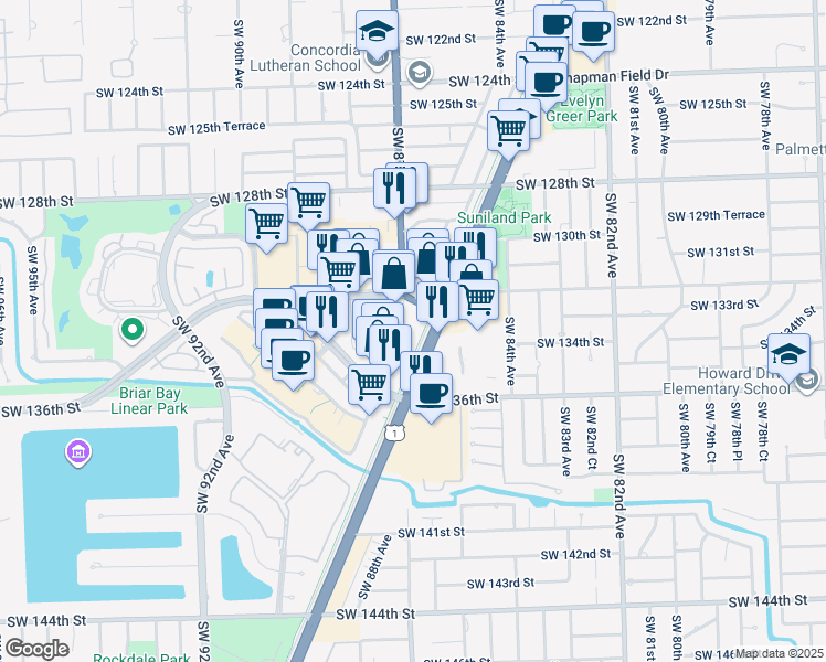 map of restaurants, bars, coffee shops, grocery stores, and more near 13301 Southwest 87th Avenue in Miami