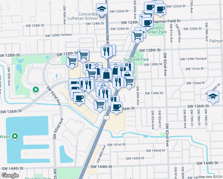 map of restaurants, bars, coffee shops, grocery stores, and more near 13301 Southwest 87th Avenue in Miami