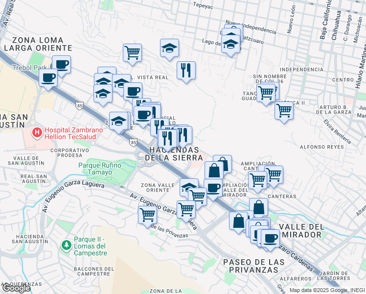 map of restaurants, bars, coffee shops, grocery stores, and more near 303 Avenida Circuito Frida Kahlo in San Pedro Garza García