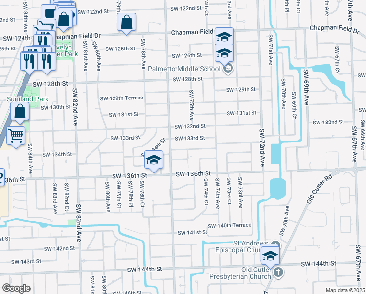 map of restaurants, bars, coffee shops, grocery stores, and more near 7500 Southwest 133rd Street in Miami