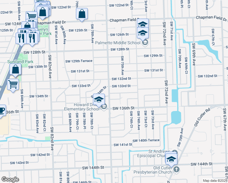 map of restaurants, bars, coffee shops, grocery stores, and more near 7690 Southwest 133rd Street in Miami