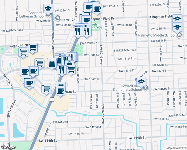 map of restaurants, bars, coffee shops, grocery stores, and more near 13255 Southwest 83rd Avenue in Miami
