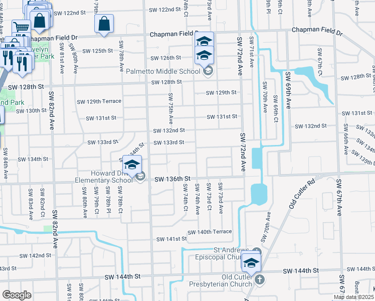 map of restaurants, bars, coffee shops, grocery stores, and more near 7425 Southwest 134th Street in Miami