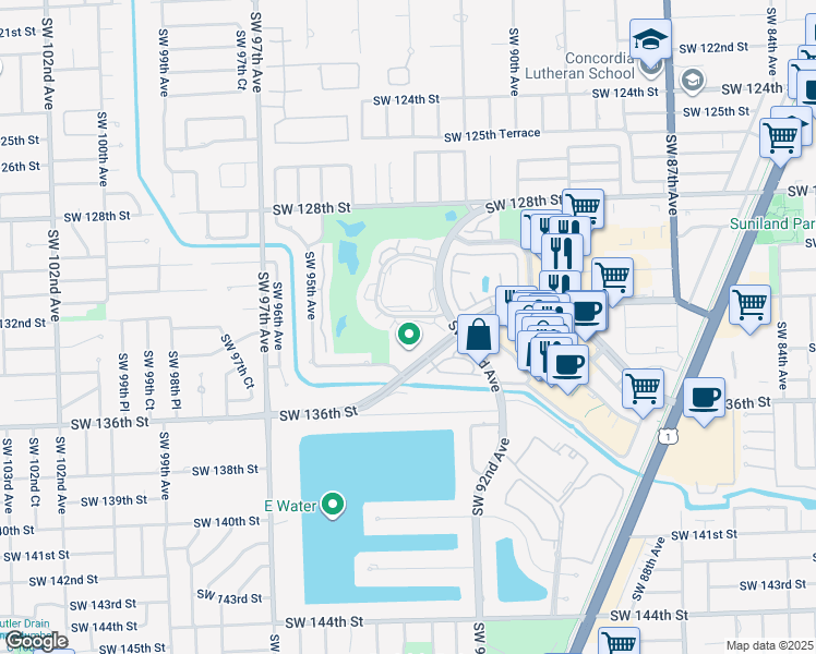 map of restaurants, bars, coffee shops, grocery stores, and more near 75 Southwest 132nd Street in Miami