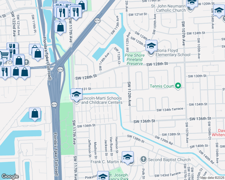 map of restaurants, bars, coffee shops, grocery stores, and more near 13025 Southwest 113th Court in Miami