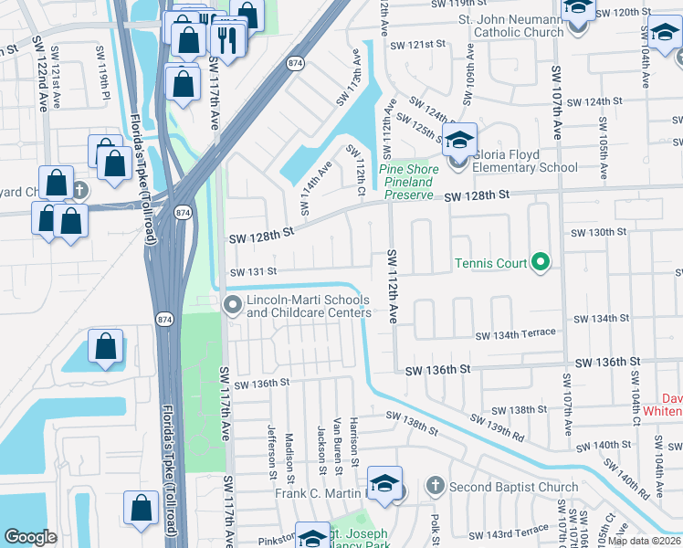map of restaurants, bars, coffee shops, grocery stores, and more near 13025 Southwest 113th Court in Miami
