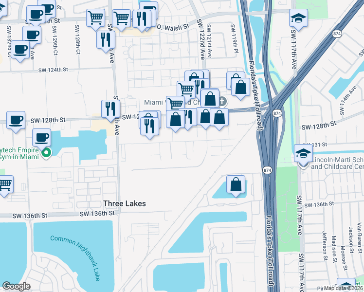 map of restaurants, bars, coffee shops, grocery stores, and more near 12379 Southwest 130th Street in Miami