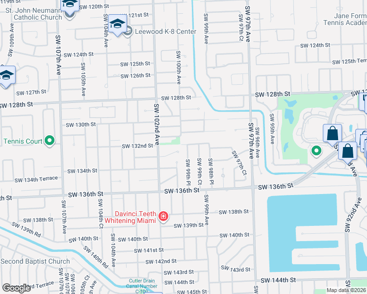 map of restaurants, bars, coffee shops, grocery stores, and more near 9990 Southwest 132nd Street in Miami