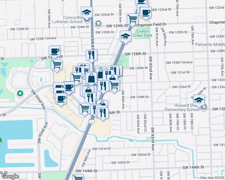 map of restaurants, bars, coffee shops, grocery stores, and more near 13251 South Dixie Highway in Miami