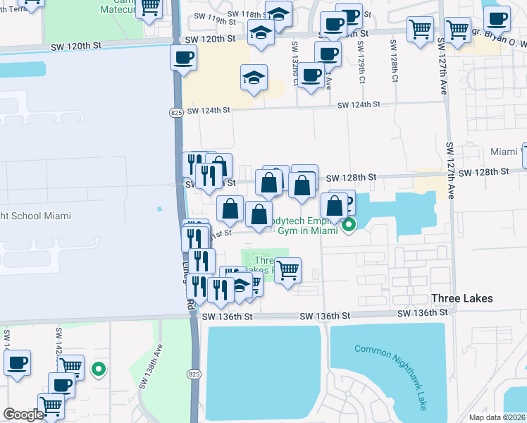 map of restaurants, bars, coffee shops, grocery stores, and more near 12954 Southwest 133rd Court in Miami