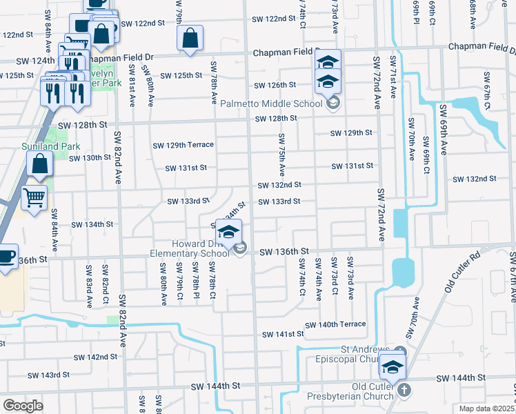 map of restaurants, bars, coffee shops, grocery stores, and more near 7690 Southwest 133rd Street in Miami