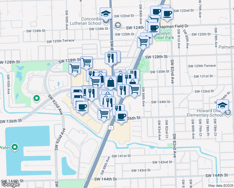 map of restaurants, bars, coffee shops, grocery stores, and more near 8650 Southwest 132nd Street in Miami