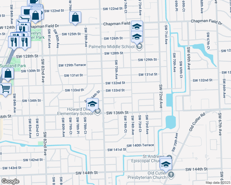 map of restaurants, bars, coffee shops, grocery stores, and more near 7500 Southwest 133rd Street in Miami