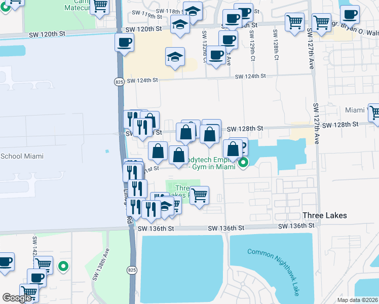 map of restaurants, bars, coffee shops, grocery stores, and more near 12954 Southwest 133rd Court in Miami