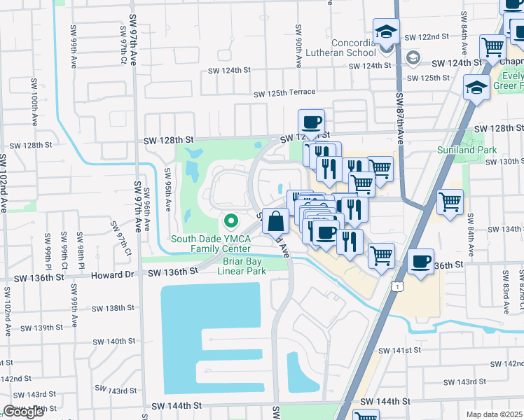 map of restaurants, bars, coffee shops, grocery stores, and more near 13198 Southwest 91st Place in Miami