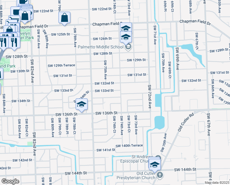 map of restaurants, bars, coffee shops, grocery stores, and more near 7420 Southwest 133rd Street in Pinecrest