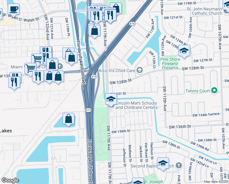 map of restaurants, bars, coffee shops, grocery stores, and more near 13005 Southwest 116th Court in Miami