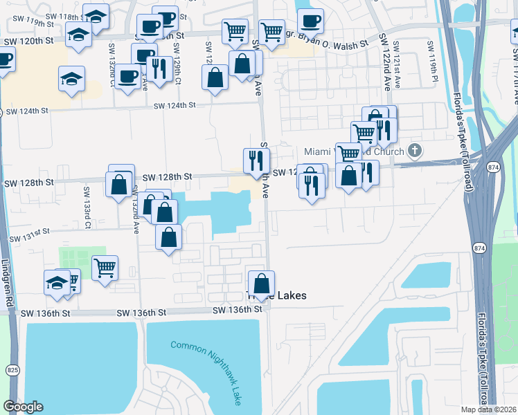map of restaurants, bars, coffee shops, grocery stores, and more near 12950 SW 127 Path in Miami