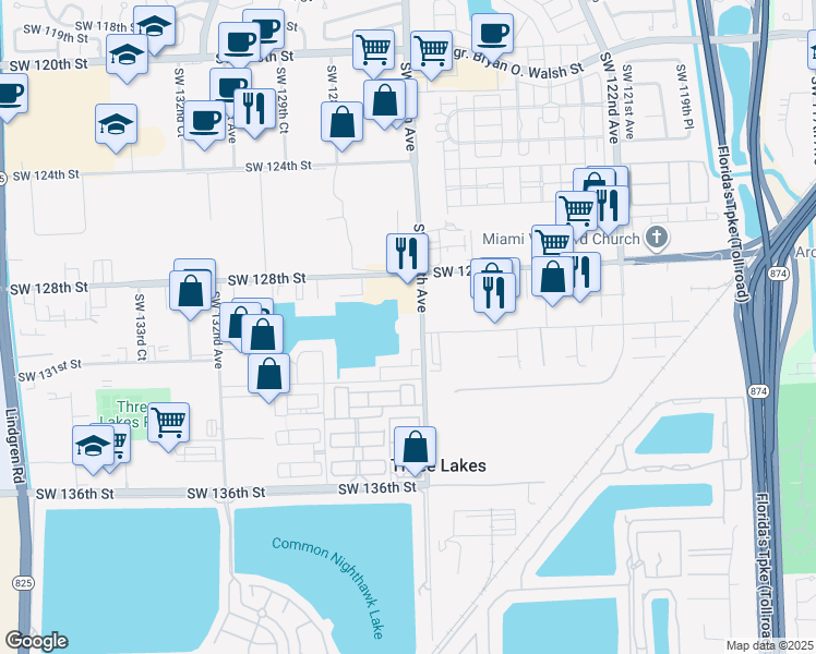 map of restaurants, bars, coffee shops, grocery stores, and more near 12950 Southwest 127th Path in Miami