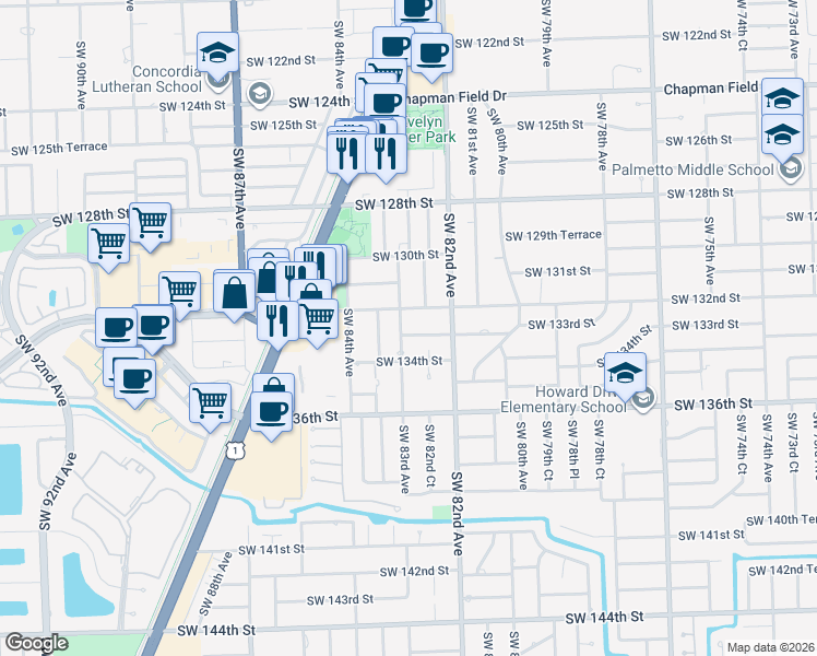 map of restaurants, bars, coffee shops, grocery stores, and more near 13255 Southwest 83rd Avenue in Miami