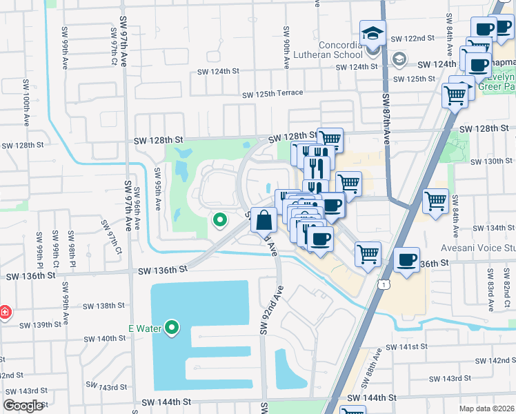 map of restaurants, bars, coffee shops, grocery stores, and more near 13198 Southwest 91st Place in Miami