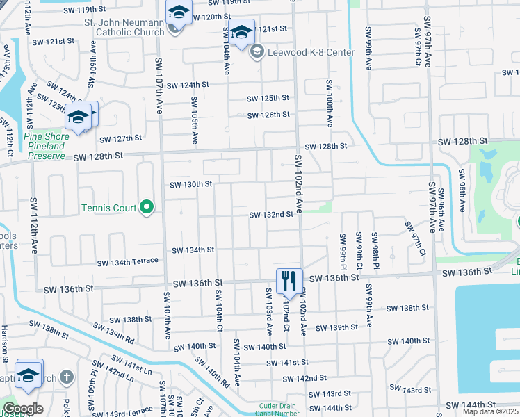 map of restaurants, bars, coffee shops, grocery stores, and more near 10305 Southwest 132nd Street in Miami