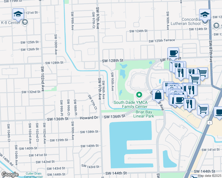 map of restaurants, bars, coffee shops, grocery stores, and more near 13200 Southwest 95th Avenue in Miami