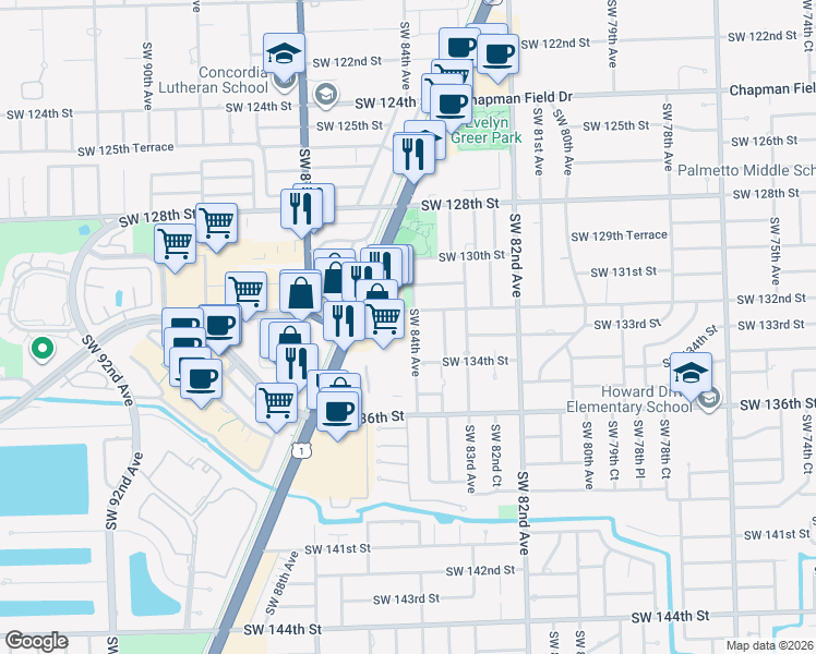map of restaurants, bars, coffee shops, grocery stores, and more near 13251 South Dixie Highway in Miami