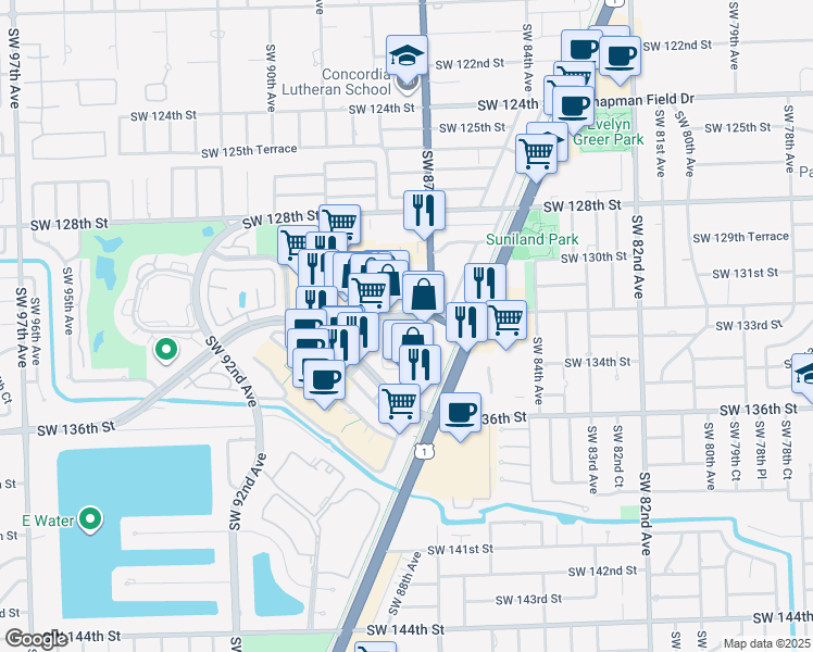 map of restaurants, bars, coffee shops, grocery stores, and more near 8781 Southwest 133rd Street in Miami