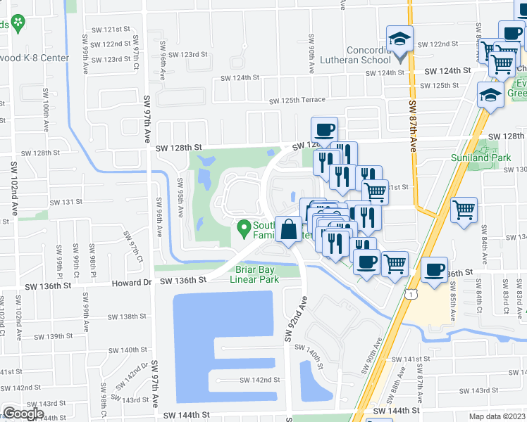 map of restaurants, bars, coffee shops, grocery stores, and more near 13198 Southwest 91st Place in Miami