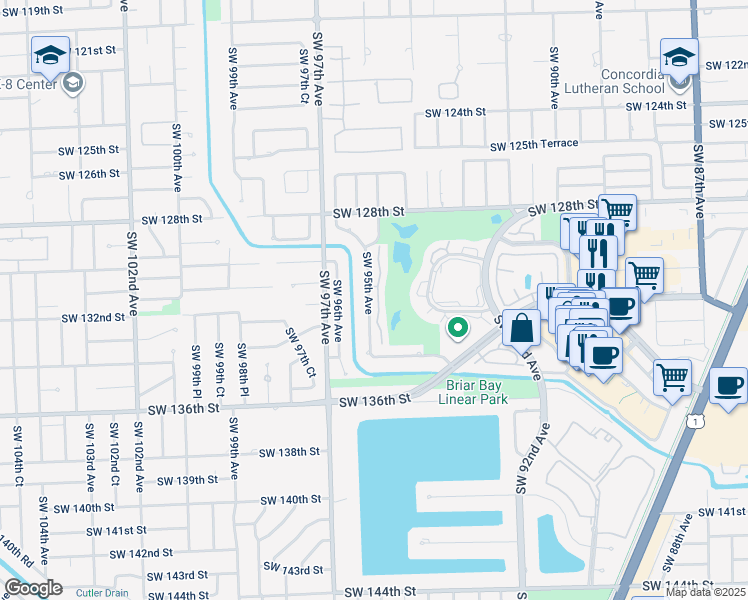 map of restaurants, bars, coffee shops, grocery stores, and more near 13200 Southwest 95th Avenue in Miami