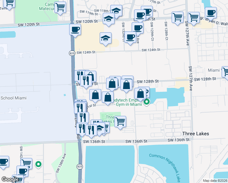 map of restaurants, bars, coffee shops, grocery stores, and more near 12954 Southwest 133rd Court in Miami