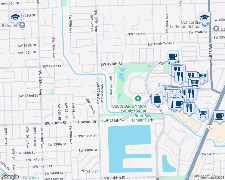 map of restaurants, bars, coffee shops, grocery stores, and more near 13200 Southwest 95th Avenue in Miami