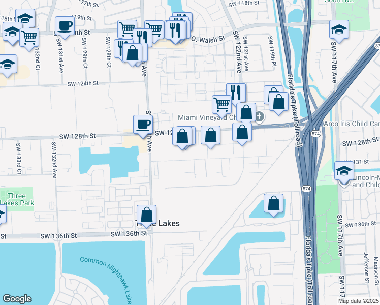 map of restaurants, bars, coffee shops, grocery stores, and more near 12461-12469 Southwest 130th Street in Miami