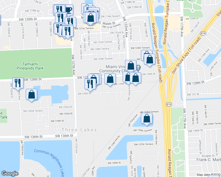 map of restaurants, bars, coffee shops, grocery stores, and more near 12379 Southwest 130th Street in Miami