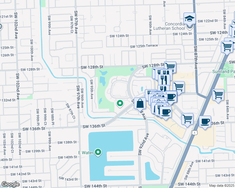 map of restaurants, bars, coffee shops, grocery stores, and more near 75 Southwest 132nd Street in Miami