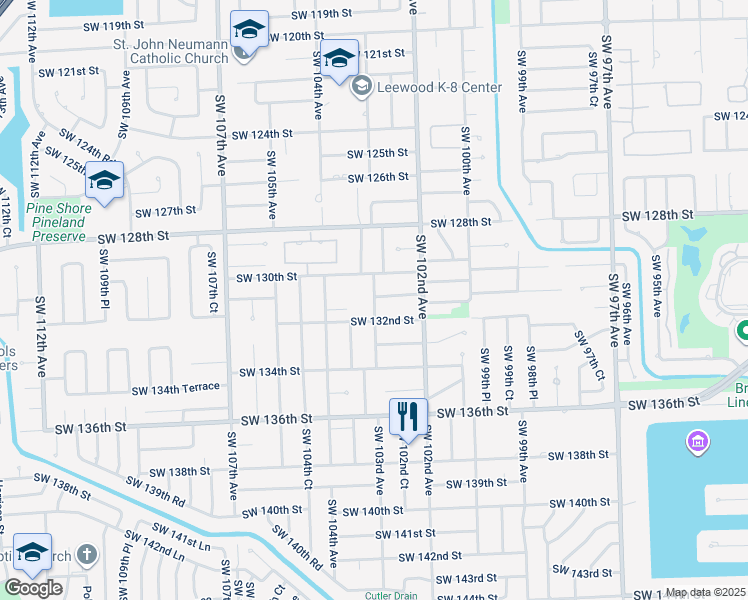 map of restaurants, bars, coffee shops, grocery stores, and more near 10305 Southwest 132nd Street in Miami