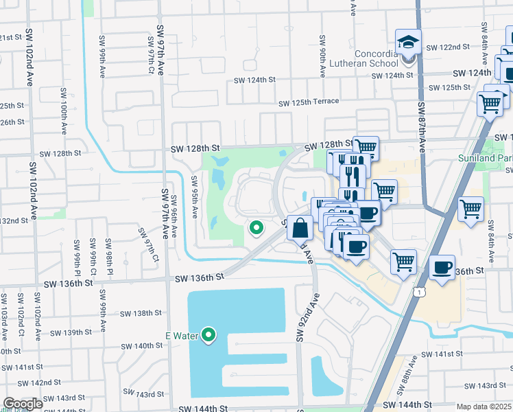 map of restaurants, bars, coffee shops, grocery stores, and more near 13120 Southwest 92nd Avenue in Miami