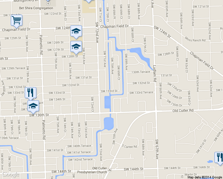 map of restaurants, bars, coffee shops, grocery stores, and more near 7050 Southwest 133rd Street in Miami